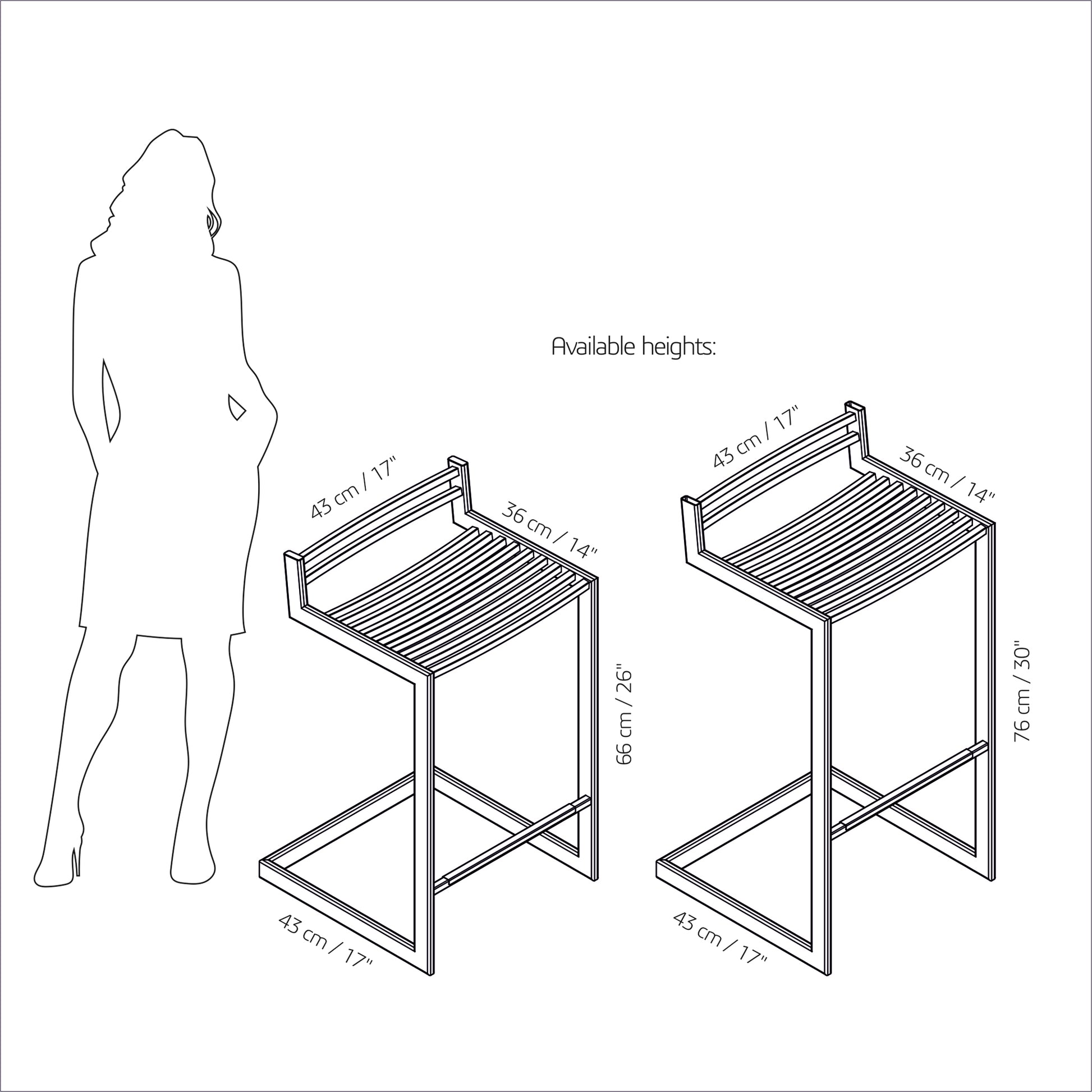 Forma b stool size chart showing available bar and counter height options - White stainless steel frame with Dark Brown Nappa leather in Scandinavian minimal design