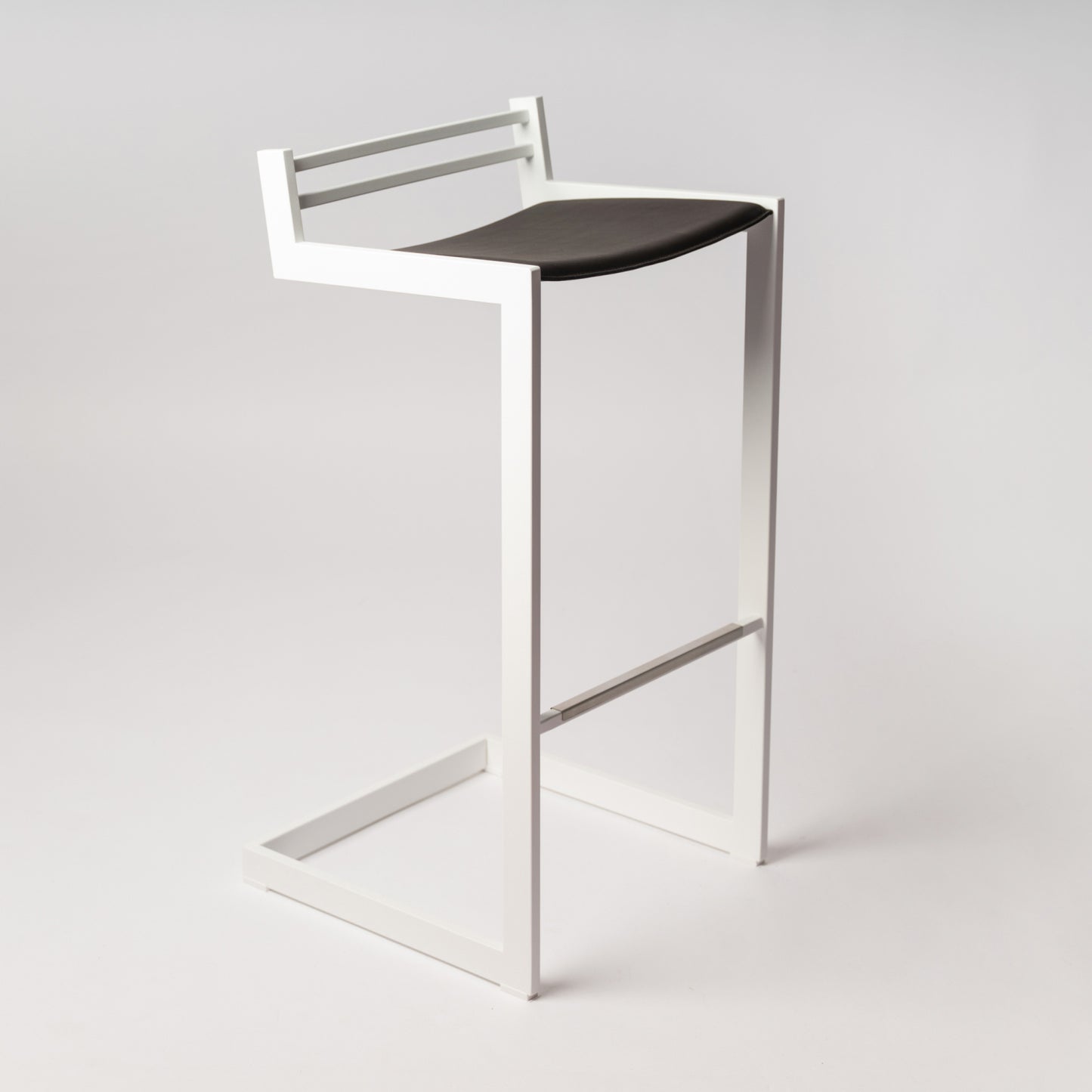 Award-winning Forma b stool with White stainless steel frame and Dark Brown Nappa leather seat - front view on neutral background